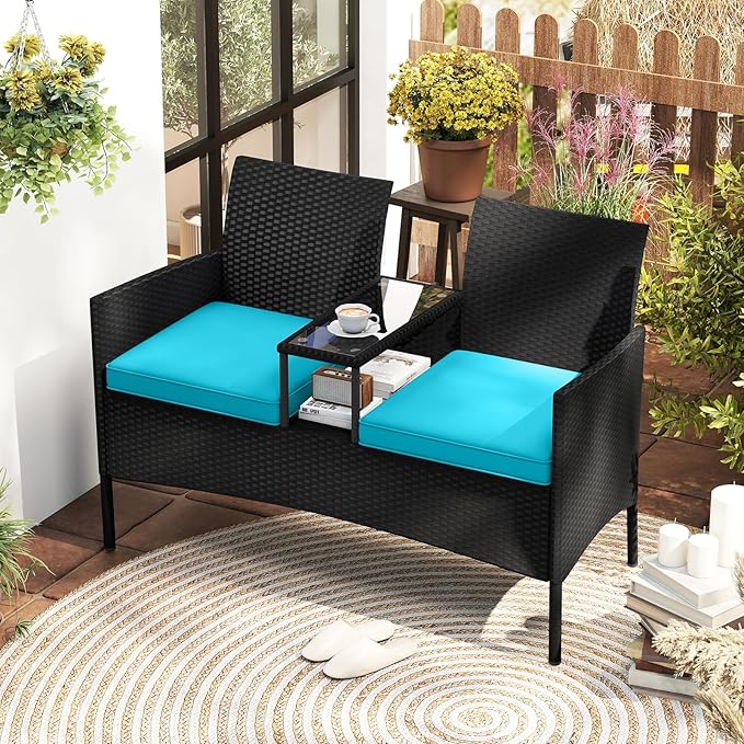 HAPPYGRILL Outdoor Rattan Loveseat, 2-Seat Patio Conversation Set with Built-in Coffee Table, Cushions, Wicker Bench Furniture for Backyard, Garden, Balcony, Porch (Turquoise)