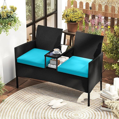 HAPPYGRILL Outdoor Rattan Loveseat, 2-Seat Patio Conversation Set with Built-in Coffee Table, Cushions, Wicker Bench Furniture for Backyard, Garden, Balcony, Porch (Turquoise)