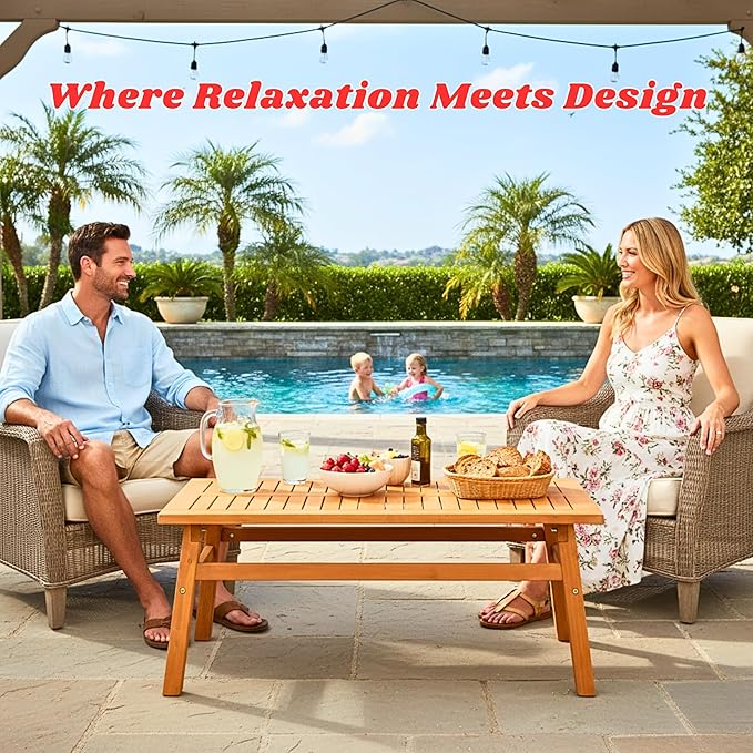 42" Cedar Wood Coffee Table, Solid Wood Farmhouse Patio Side Table, Slatted Accent Table for Garden, Deck, Lawn - Photo 2