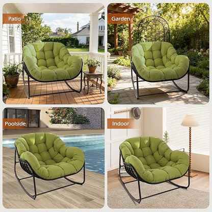 Papasan Rocking Chair Indoor & Outdoor, Oversized Egg-Shaped Papasan Rocker with Cushion & Pillow, All-Weather Wicker Patio Lounge Chair for Garden, Porch, Living Room (Green)