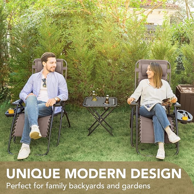 Devoko Patio Zero Gravity Chair Outdoor Folding Adjustable Reclining Chairs Pool Side Using Lawn Lounge Chair with Pillow Set of 2 (Brown)