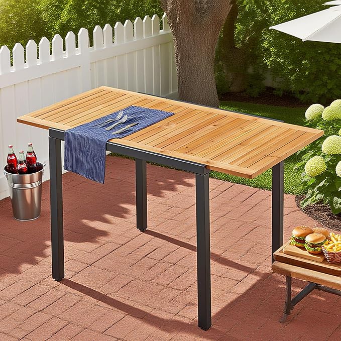 ECOTOUGE Expandable Outdoor Dining Tables,31"-47", Patio Rectangle Table with Umbrella Hole for 4-6 Person, Space-Saving Fir Wood Patio Furniture for Backyard, Garden, Natural