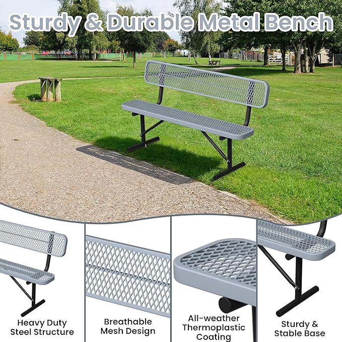 6ft Gray Metal Park Bench with Backrest, Heavy Duty Outdoor Benches Weatherproof Steel Long Playground Bench Seats, Commercial Garden Benches Red Dock Benches for Lawn, Park, Deck,Patio, Porch