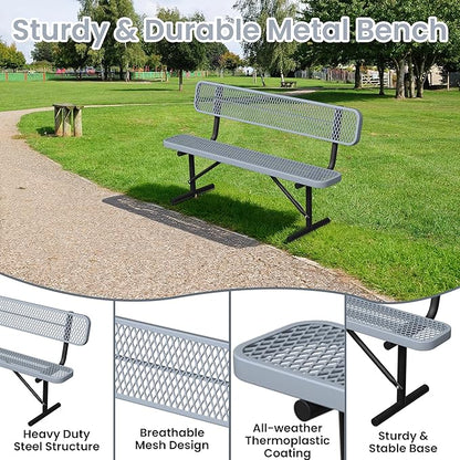 6ft Gray Metal Park Bench with Backrest, Heavy Duty Outdoor Benches Weatherproof Steel Long Playground Bench Seats, Commercial Garden Benches Red Dock Benches for Lawn, Park, Deck,Patio, Porch