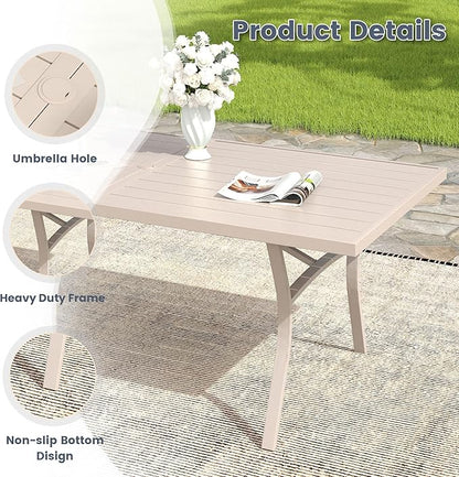 VICLLAX 63" Patio Dining Table for 6, Outdoor Rectangular Metal Table with Umbrella Hole for Porch Backyard Garden Deck, Sandshell
