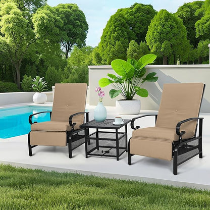 Incbruce 3 Pieces Outdoor Lounge Recliner Set, 2 Adjustable Metal Recliner Sofa Chair and Umbrella Stand Side Square Table Suitable for Garden, Pool, Yard (Brown)