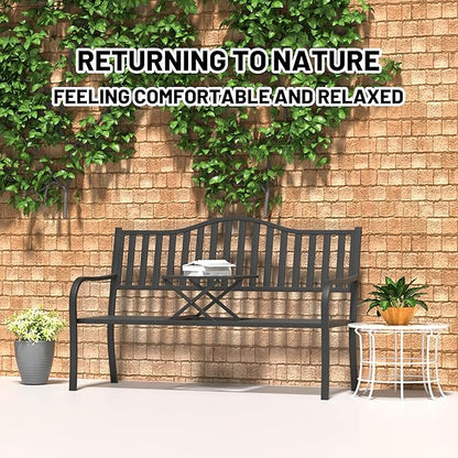 YLGJ&TIDY 50 Inches Garden Benches for Outdoor Patio Bench with Stripe Pattern Backrest Armrest Weatherproof Park Benches Metal Bench for Garden Park Porch Lawn Yard (BENCH04)