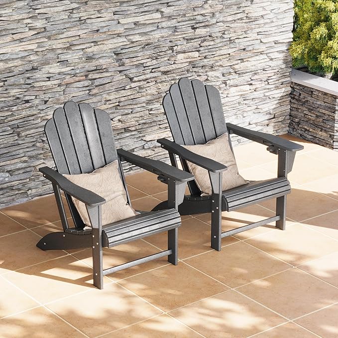 Costaelm Lakeview Outdoor Patio HDPE Adirondack Chairs with Cup Holders (Set of 2), Gray