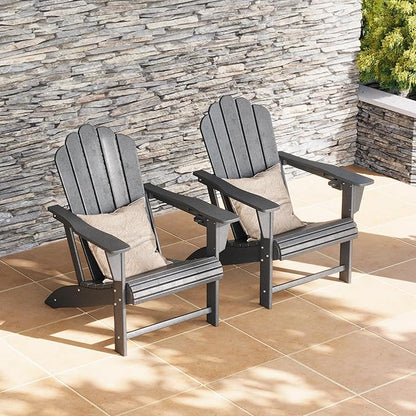 Costaelm Lakeview Outdoor Patio HDPE Adirondack Chairs with Cup Holders (Set of 2), Gray