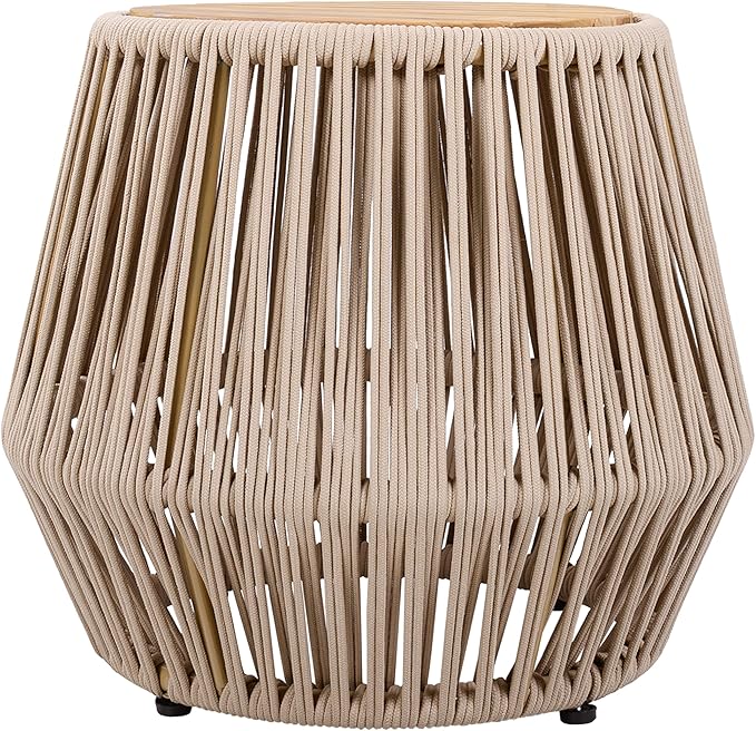 Merax Bohemian Round Outdoor Side Table with Acacia Wood Top and Beige Handwoven Rope Base, Boho Patio Coffee Table for Garden, Pool, Deck, Balcony, Yard