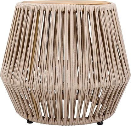 Merax Bohemian Round Outdoor Side Table with Acacia Wood Top and Beige Handwoven Rope Base, Boho Patio Coffee Table for Garden, Pool, Deck, Balcony, Yard