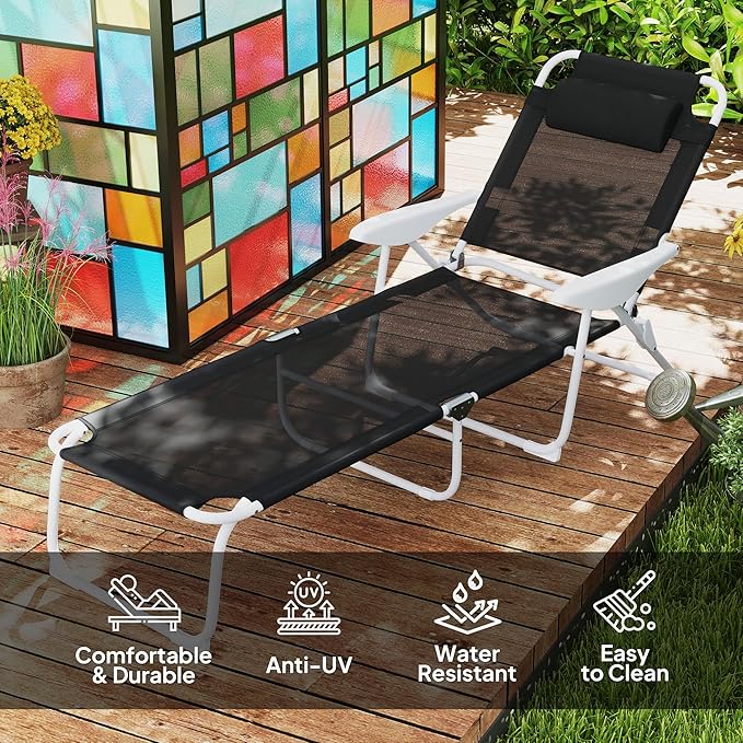 Outsunny Folding Lounge Chair, Portable Outdoor Chaise Lounge, Sun Tanning Chair with 4-Position Reclining Back - Photo 4