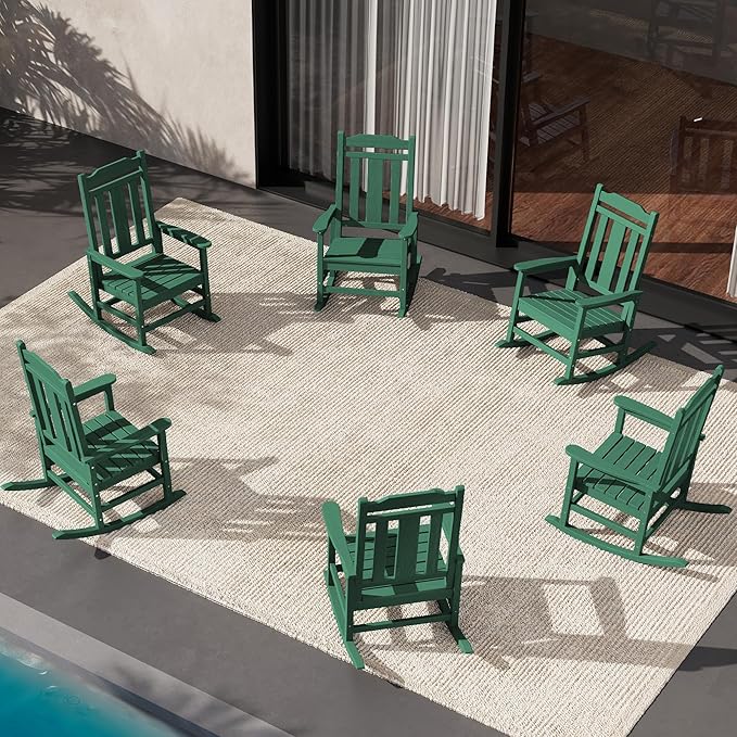 SERWALL HDPE Outdoor Rocking Chair Set of 6, Patio Rocking Chairs Set, Rocking Chair Outdoor for Adults, Green
