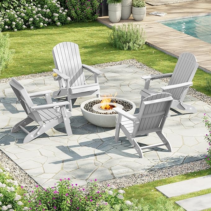 HDPE Foldable Adirondack Outdoor Chair Set of 4 with Cup Holder, Weather Resistant Heavy-Duty Patio Chair for Patio, Backyard, Deck, Fire Pit, Lawn and Porch, White