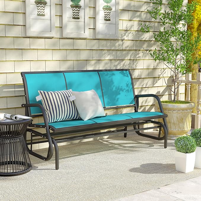 Outsunny 3-Person Patio Glider Bench, Outdoor Porch Glider Swing with 3 Seats, Breathable Mesh Fabric, Metal Frame, Blue - Photo 9