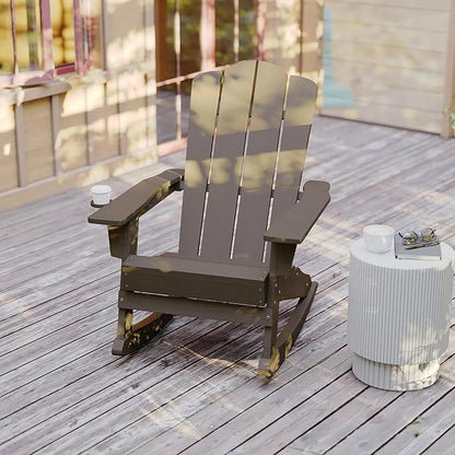 Flash Furniture Newport Adirondack Rocking Chair with Cup Holder, Weather Resistant Poly Resin Adirondack Rocking Chair, Brown