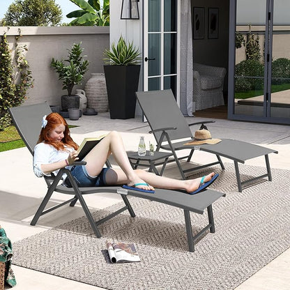Crestlive Products 2PCS Chaise Lounge Chair Outdoor with 1PC Side Table, Aluminum Folding Patio Recliner Chair, Adjustable 8 Positions Assemble-Free
