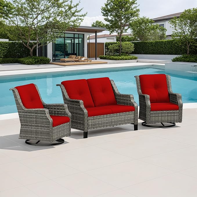 3 Piece Patio Furniture Set, 2-Seater Loveseat and 2 Swivel Glider Chairs Outdoors - Photo 1