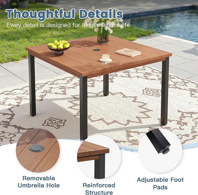 DIFY 40.2" Square Outdoor Dining Table for 4, Slatted Metal Patio Table with Adjustable Umbrella Hole - Photo 4