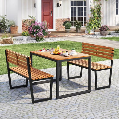 HOMGX Outdoor Bench, 43-Inch Acacia Wood Patio Loveseat with No-Arms Design, Sturdy Black Metal Frame & Teak Finish, Modern 2-Person Garden Bench for Porch, Yard and Lawn