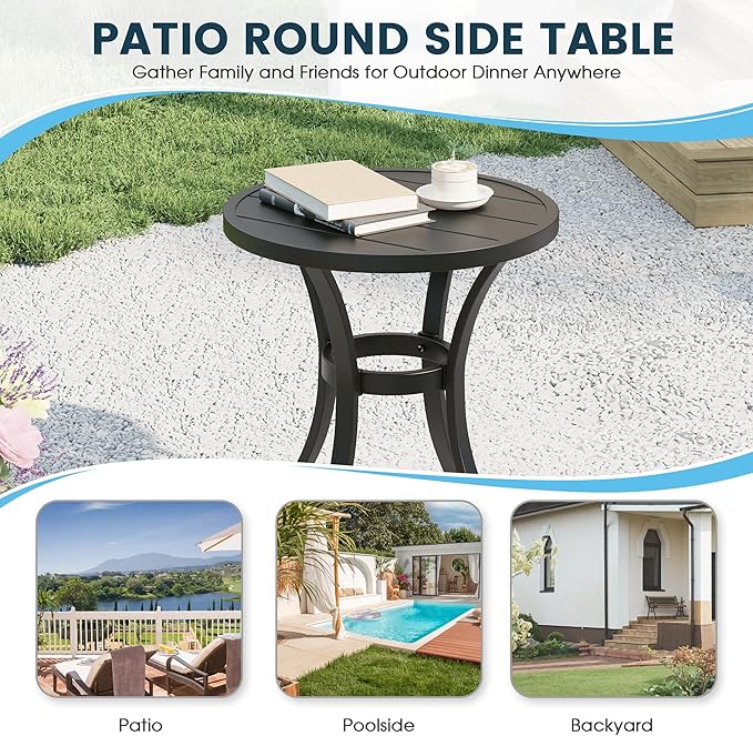 Outdoor Round Side Table, Sturdy & Durable End Table for Indoor and Outdoor, Metal Frame with Smooth Surface, Small Table for Front Porch, Garden, Beach, and Lawn.(Black)