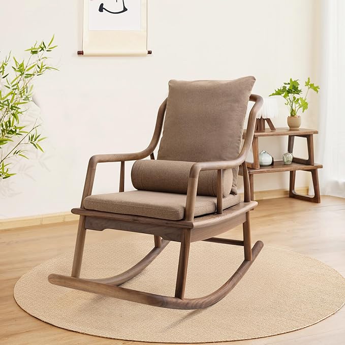 Rocking Chair Black Walnut Wood Patio Rocking Chairs Outdoor Rocking Chair & Indoor Rocker for Garden Patio Balcony Backyard Porch Rocker with Cushion and Backrest