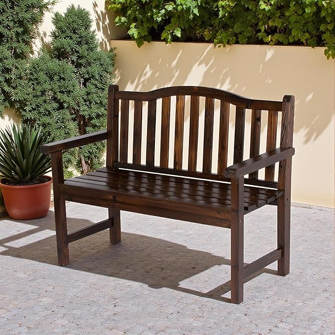 Shine Company Belfort Outdoor Solid Wood Patio Garden Bench, Ergonomic Seat, 22" D x 44.75" W x 36" H, Burnt Brown