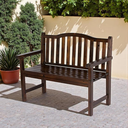 Shine Company Belfort Outdoor Solid Wood Patio Garden Bench, Ergonomic Seat, 22" D x 44.75" W x 36" H, Burnt Brown