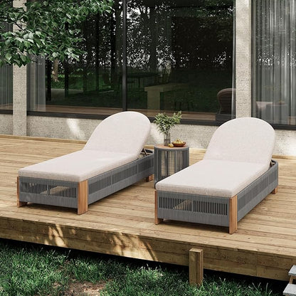 Outdoor Chaise Lounge Set, Patio Chaise Lounge Chairs with Side Table, Teak Chaise Lounge Outdoor with Adjustable Backrest, Teak Faux Wood Side Table and Beige Cushions for Outdoor Use (Grey-3pcs)