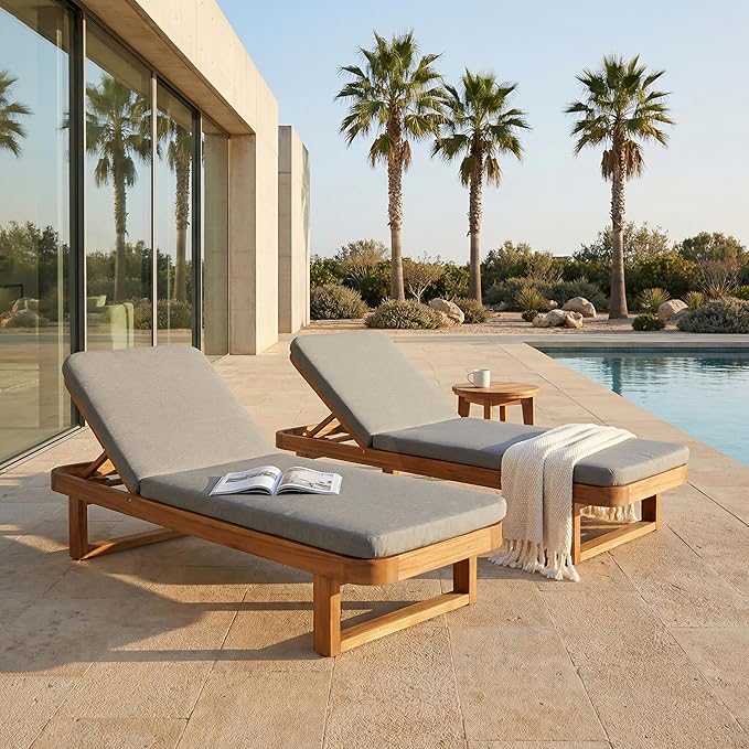 Christopher Knight Home Milos Acacia Wood Chaise Lounge Chair Outdoor Set of 2, Wooden Sunbathing Pool Lounger, Patio Chaise Lounge with Cushions, Adjustable Backrest Lounge Sofa, Light Gray+Teak