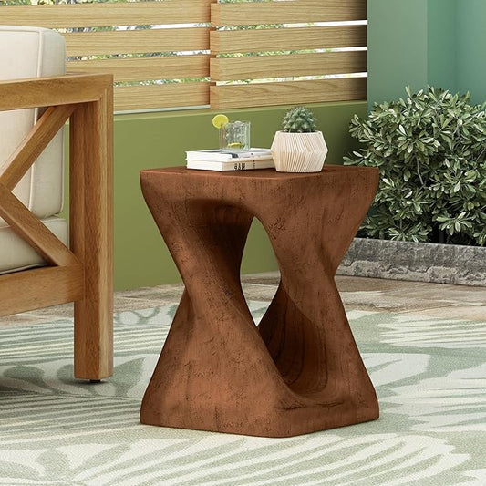 Faux Concrete Side Table Outdoor Faux Stone End Table, Round Outdoor Accent Tables, Garden Stool Plant Stand for Porch Patio, Backyard Brown