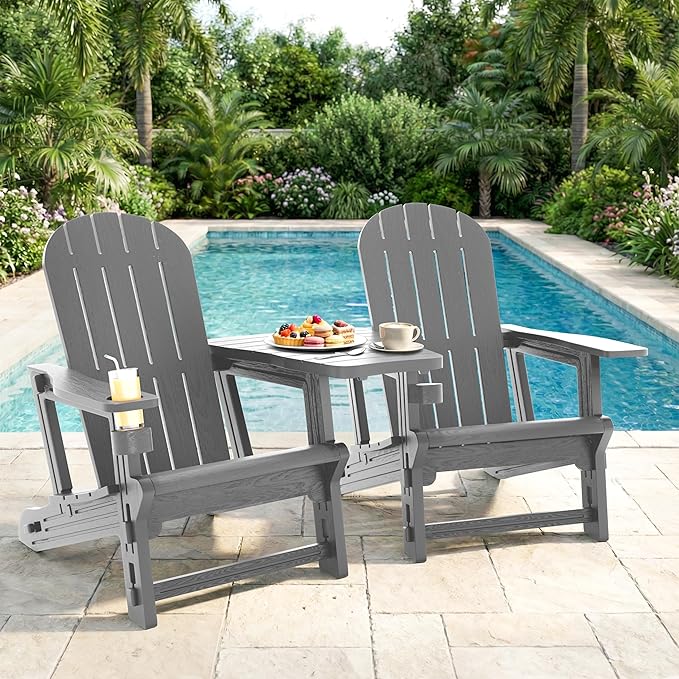 Shintenchi Adirondack Chairs Set of 2,HDPE Adirondack Chairs w/Removable Tablelop & Umbrella Hole,All-Weather Wooden Textured Plastic Outdoor Chairs w/Cup Holders for Garden Backyard Pool,Light Gray