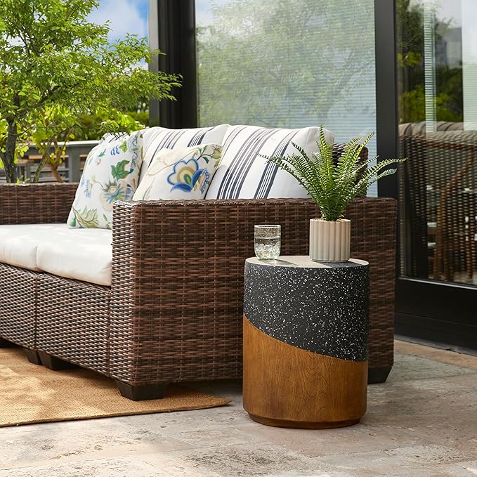 Giltzhome 17.25" H Decorative Garden Stool Set of 2, Faux Terrazzo End Table Planter Stand Accent Table for Garden Patio Lawn Home Indoor Outdoor, Black