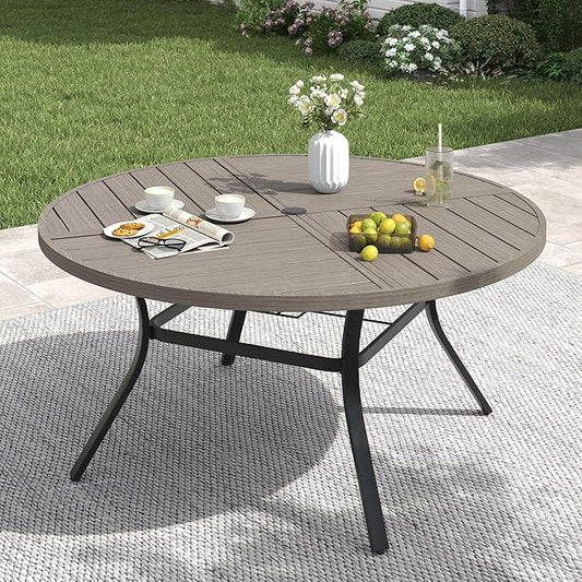 VICLLAX 50" Round Patio Table with Umbrella Hole, All Weather Metal Outdoor Dining Table for 6, Outside Table with Storage Shelf for Lawn Garden, Grey Wood-Grain Finish