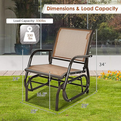 Giantex Swing Glider Chair W/Study Metal Frame Comfortable Patio Chair Love-Seat for Garden, Porch, Backyard, Poolside, Lawn Outdoor Rocking Chair (2, Brown)