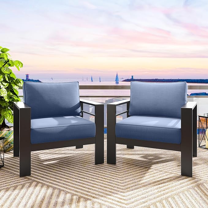 Solaste Patio Furniture Metal Armchair, 2 PCS All-Weather Aluminum Garden Outdoor Contemporary Sofa Chair with Cushions - Photo 6