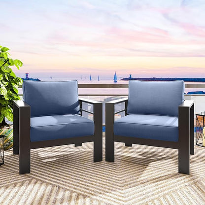 Solaste Patio Furniture Metal Armchair, 2 PCS All-Weather Aluminum Garden Outdoor Contemporary Sofa Chair with Cushions, Blue