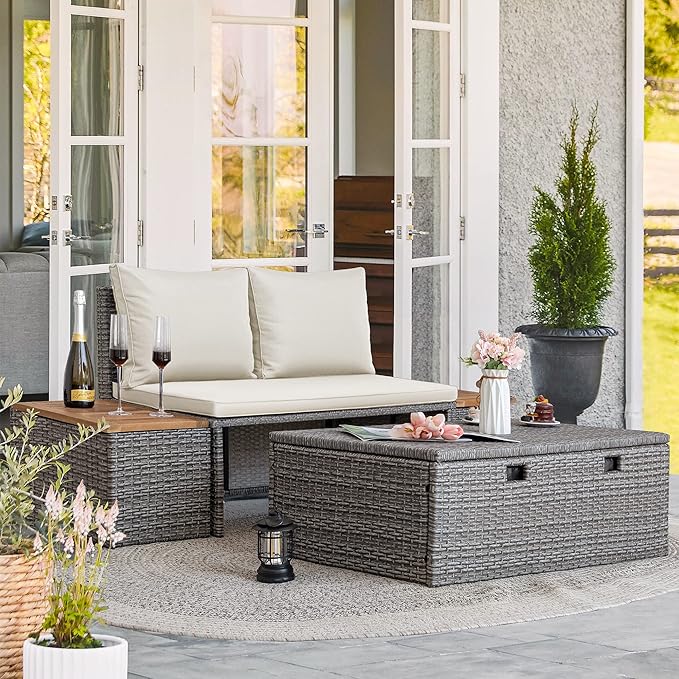 Greesum Patio Furniture Set Multifunctional Outdoor Sectional Sofa Rattan Chaise Lounge Wicker Daybed with Couch, Cushions, Storage Ottoman and 2 Side Tables for Backyard Porch Poolside Lawn, White