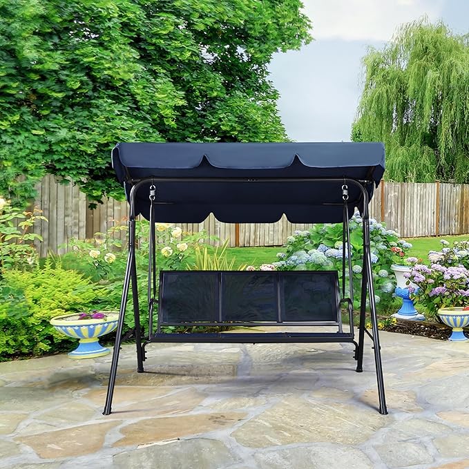 Topeakmart Patio Swing Chair, 3-Seat Outdoor Porch Swings, Texteline Fabric Canopy Lounge Chair with Adjustable Canopy & Armrests & Metal Frame for Garden Poolside Bench Backyard, Blue