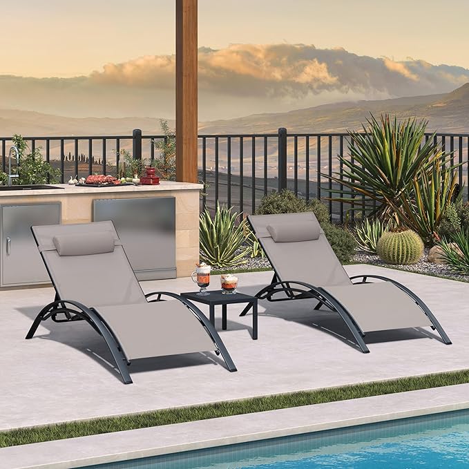 PURPLE LEAF Patio Oversized Chaise Lounge Chair Set with Side Table Pool Adjustable Recliner Chairs for Outside Beach Outdoor Sunbathing Tanning Poolside Lounges, Taupe