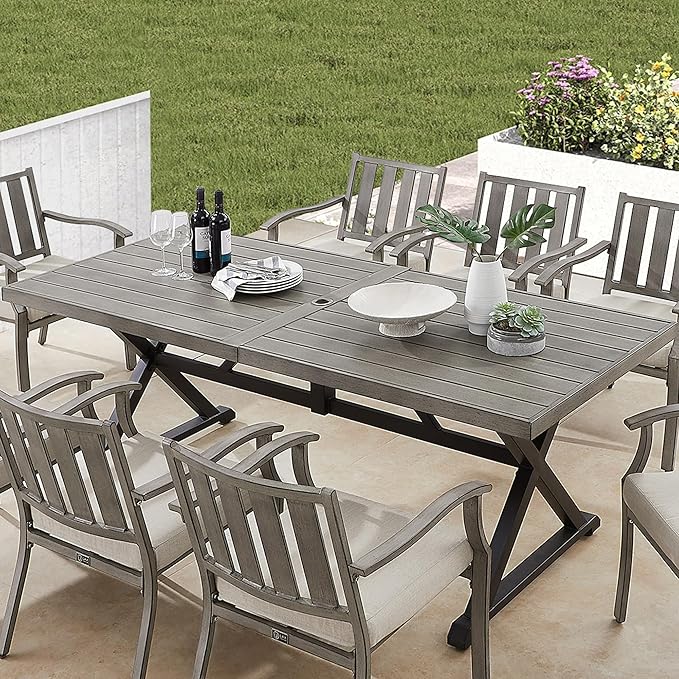 Ulax furniture Outdoor Patio Dining Table - 82" Rectangular Dining Table with Wood-Like Finish, Ideal for Garden, Porch, Backyard Picnics