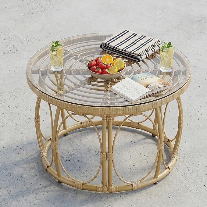 Rattan Glass Coffee Table 27" Round Patio Side Table, 16" Height Wicker Outdoor Coffee Table with Tempered Glass Top, Small Round Table for Balcony, Living Room, or Garden, Natural