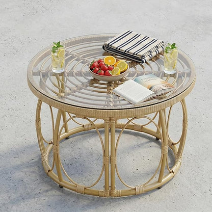 Rattan Glass Coffee Table 27" Round Patio Side Table, 16" Height Wicker Outdoor Coffee Table with Tempered Glass Top, Small Round Table for Balcony, Living Room, or Garden, Natural