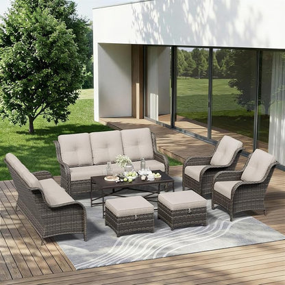 7 Piece Outdoor Wicker Patio Furniture Set, Patio Chairs Set with Thickened Olefin Cushions, High Back and Deep Seating, Hand-Woven PE Rattan, Ottoman for Porch, Deck