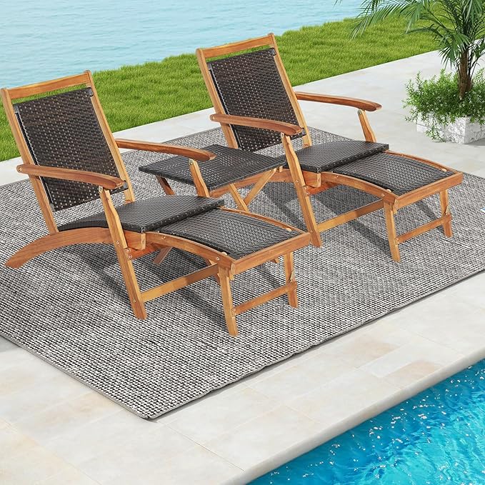 RELAX4LIFE Patio Chaise Lounge Chair Set of 3, Acacia Wood Folding Rattan Wicker Chairs w/Retractable Footrest, Side Table, 3-Piece Outdoor Patio Furniture, Fire Pit Deck Chairs Set for Porch Poolside