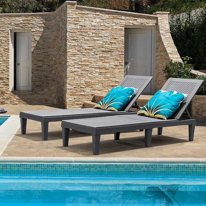 GUNJI Lounge Chairs for Outside Patio Waterproof Resin Chaise Lounge Outdoor Adjustable Lounge Chairs Set of 2 Pool Chairs Sun Loungers for Deck, Poolside and Beach (Gray)