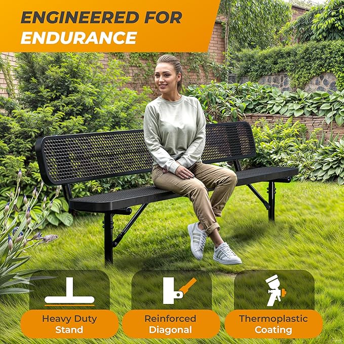 Heavy-Duty Outdoor Metal Bench, Thermoplastic-Coated, Inground, Weatherproof, Commercial-Grade for Parks, Gardens - Photo 5