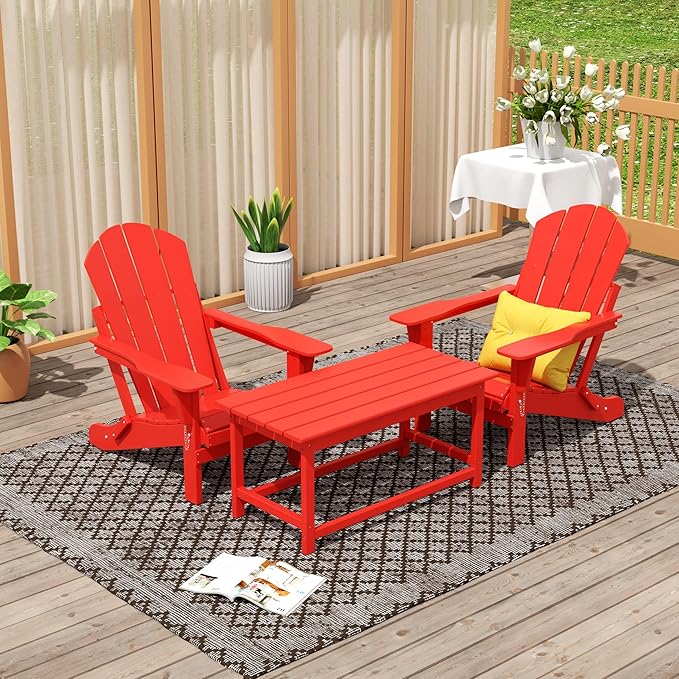 WO Home Furniture Adirondack Chairs Table Set of 3 PCS Outdoor Folding Chairs Coffee Table Weather/UV Resistant for Lawn - Photo 2