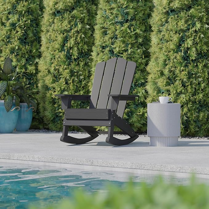 Flash Furniture Newport Adirondack Rocking Chair with Cup Holder, Weather Resistant Poly Resin Adirondack Rocking Chair, Gray, Set of 1