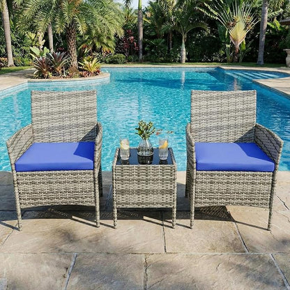 GarveeHome 3-Piece Patio Bistro Set, PE Rattan Outdoor Conversation Furniture with 2 Cushioned Chairs & Coffee Table, Weather-Resistant for Backyard, Balcony, Porch (Blue Cushion)